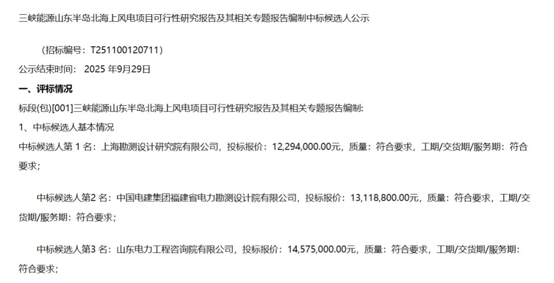 三峡能源300MW海上风电项目中标候选人公示