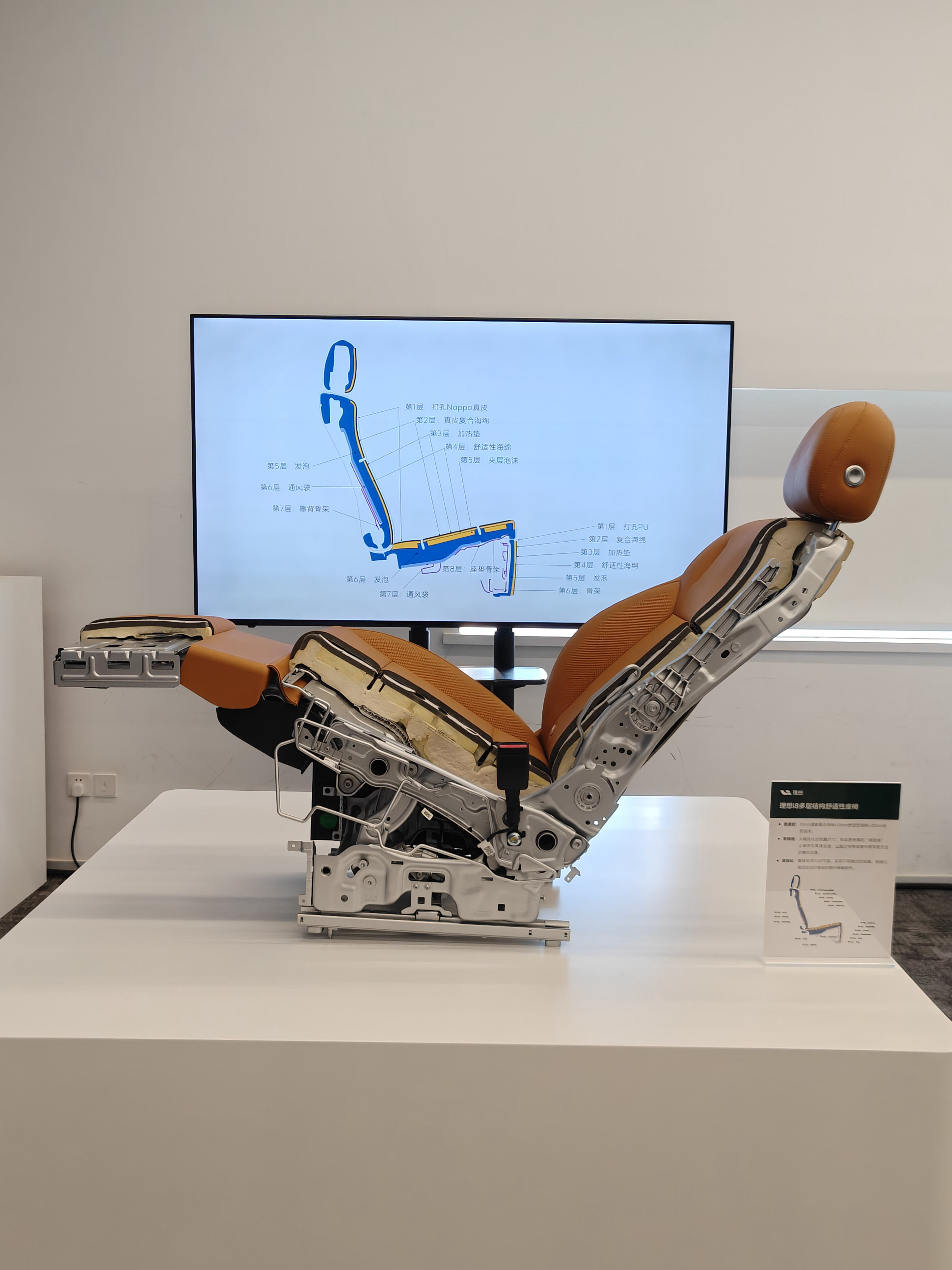理想第一次展出理想i8座椅结构的剖析材料。大家都说这张座椅舒服，舒服的原因就是在