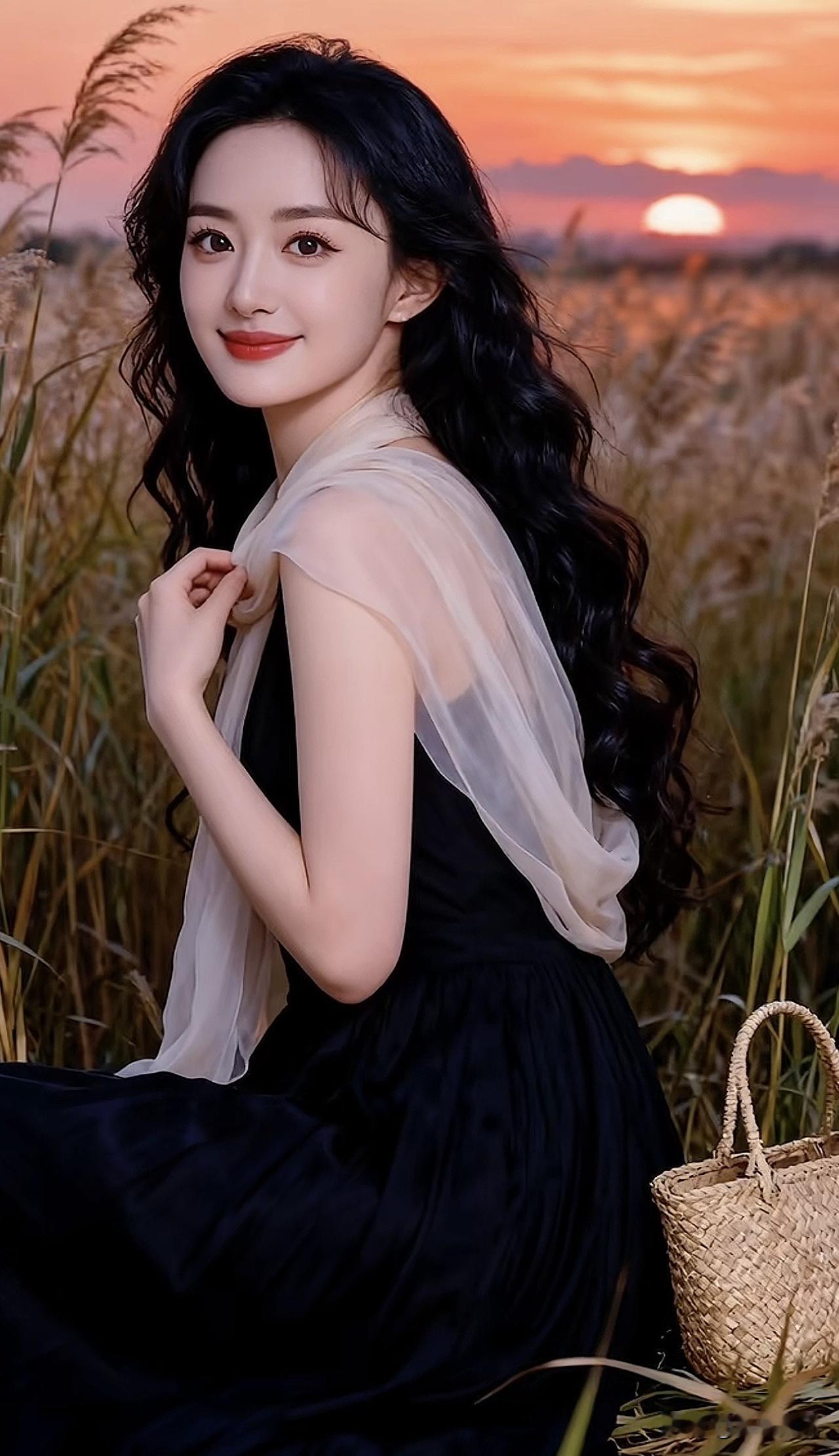 夕阳下的田野，黑裙少女，温柔微笑阳光白裙少女棕裙少女照黑裙娇羞照棕裙少女照