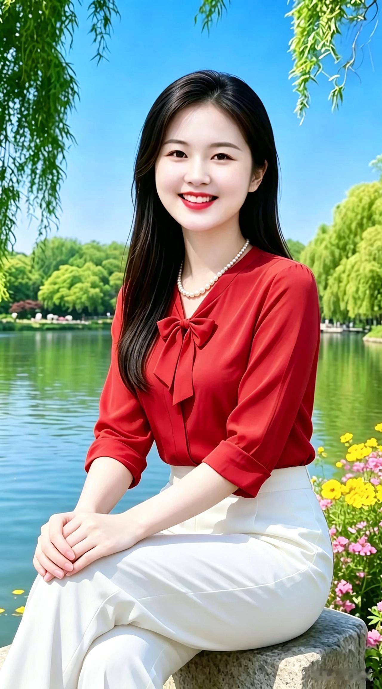 八句大白话湖边杨柳随风扬，碧水清清映天光。红衣白裤气质好，珍珠项链衬