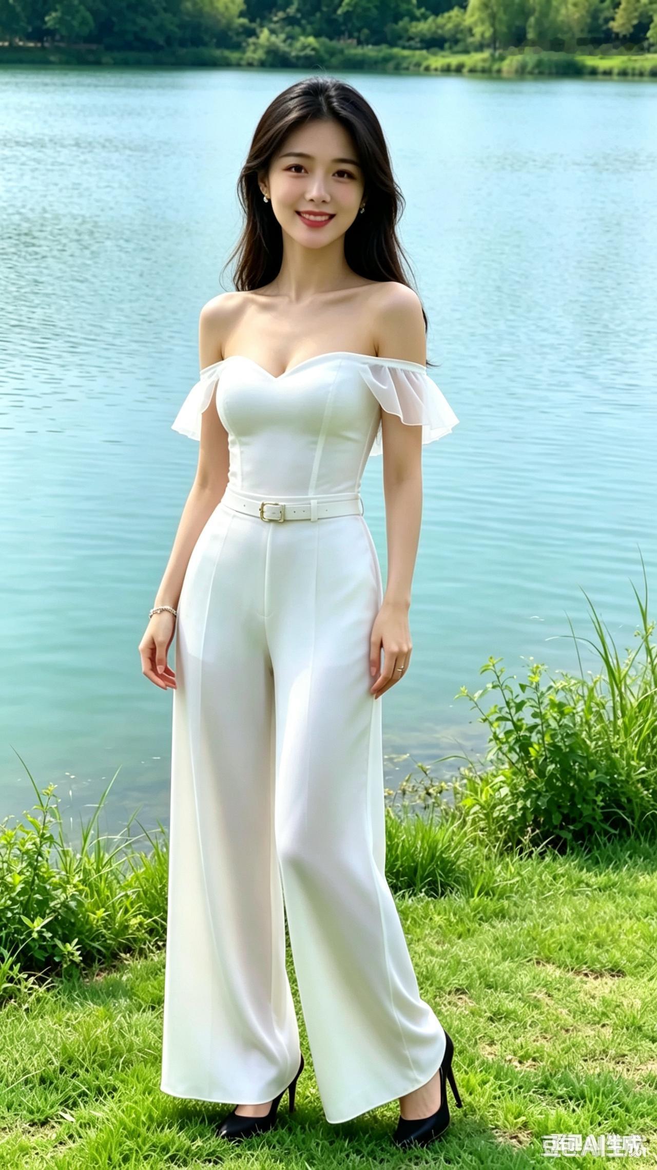 湖边美人湖水清漾波纹轻，姑娘静立青草汀。白衫白裤肩微露，眉眼弯弯笑意盈。