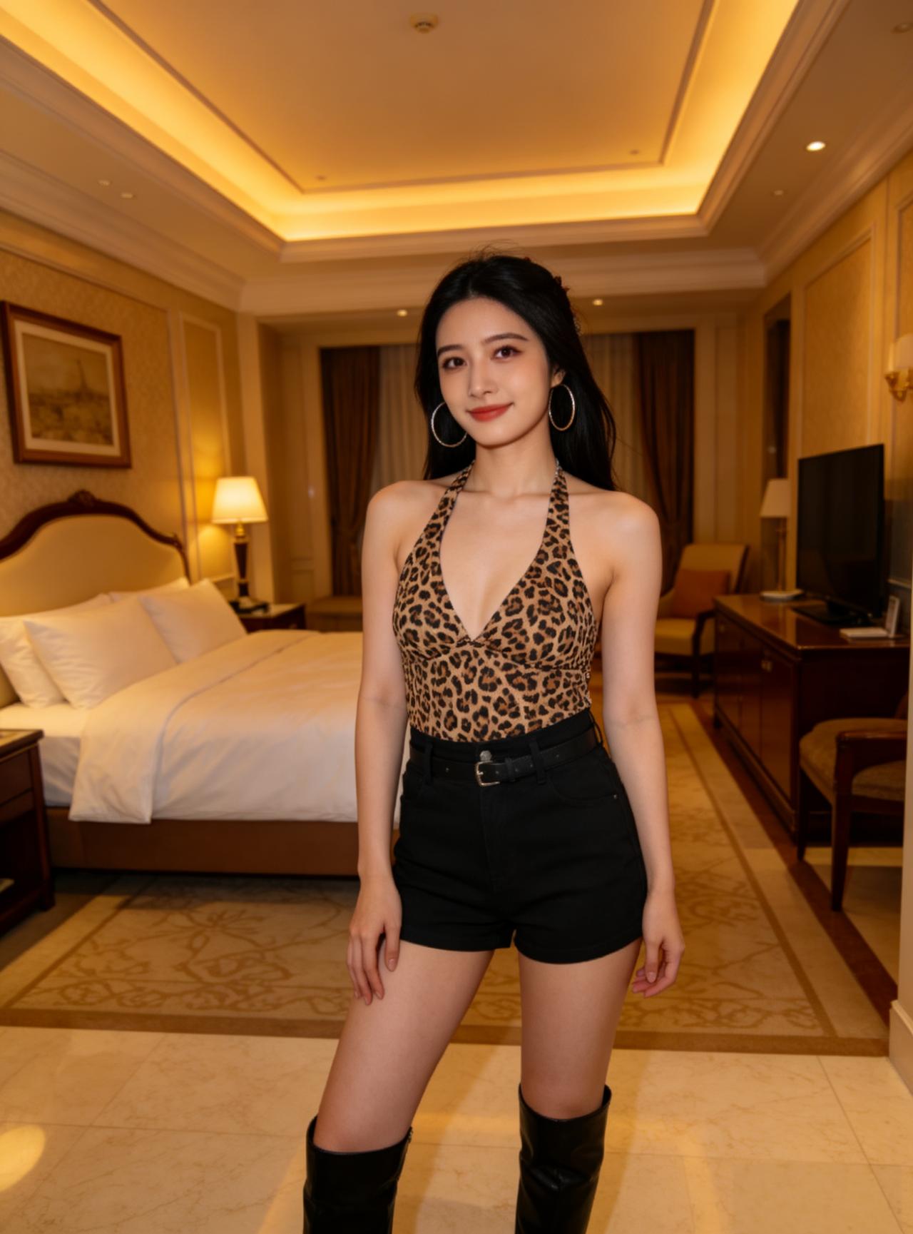 青春气质，豹纹上衣搭配黑色短裤！