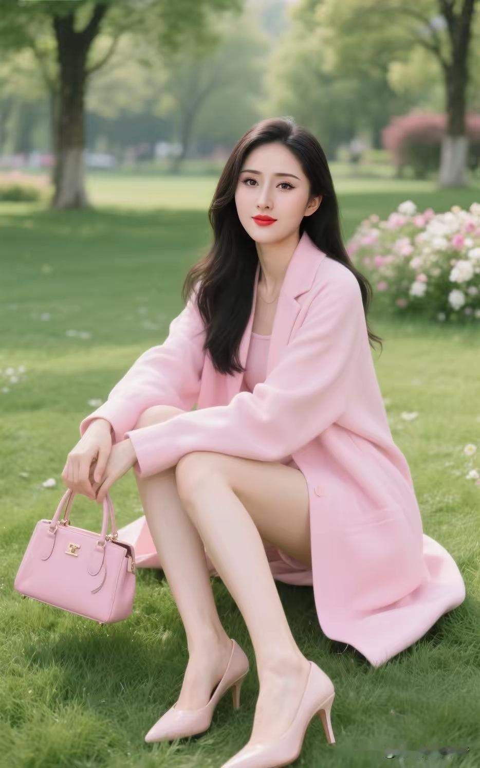 粉嫩春日穿搭，公园里的甜美少女