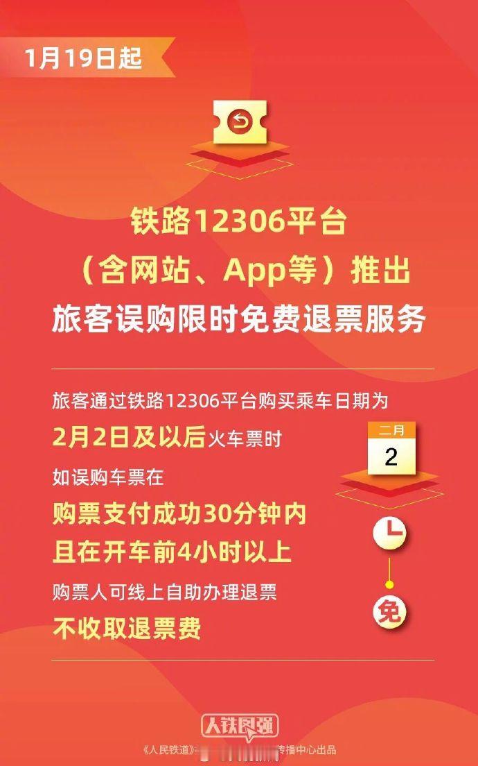 买错火车票将能限时免费退了【新变化！12306误购票能限时免费退】1月19日起，