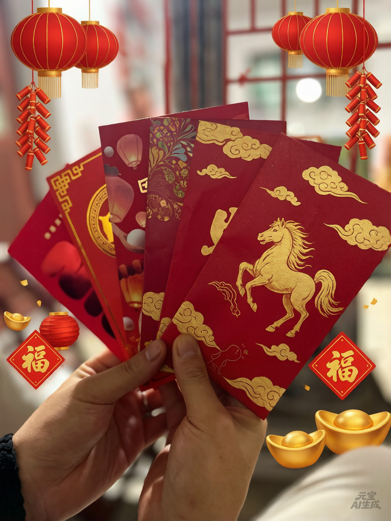 我说，帮我来点马年春节元素元宝给我把红包都重新设计了