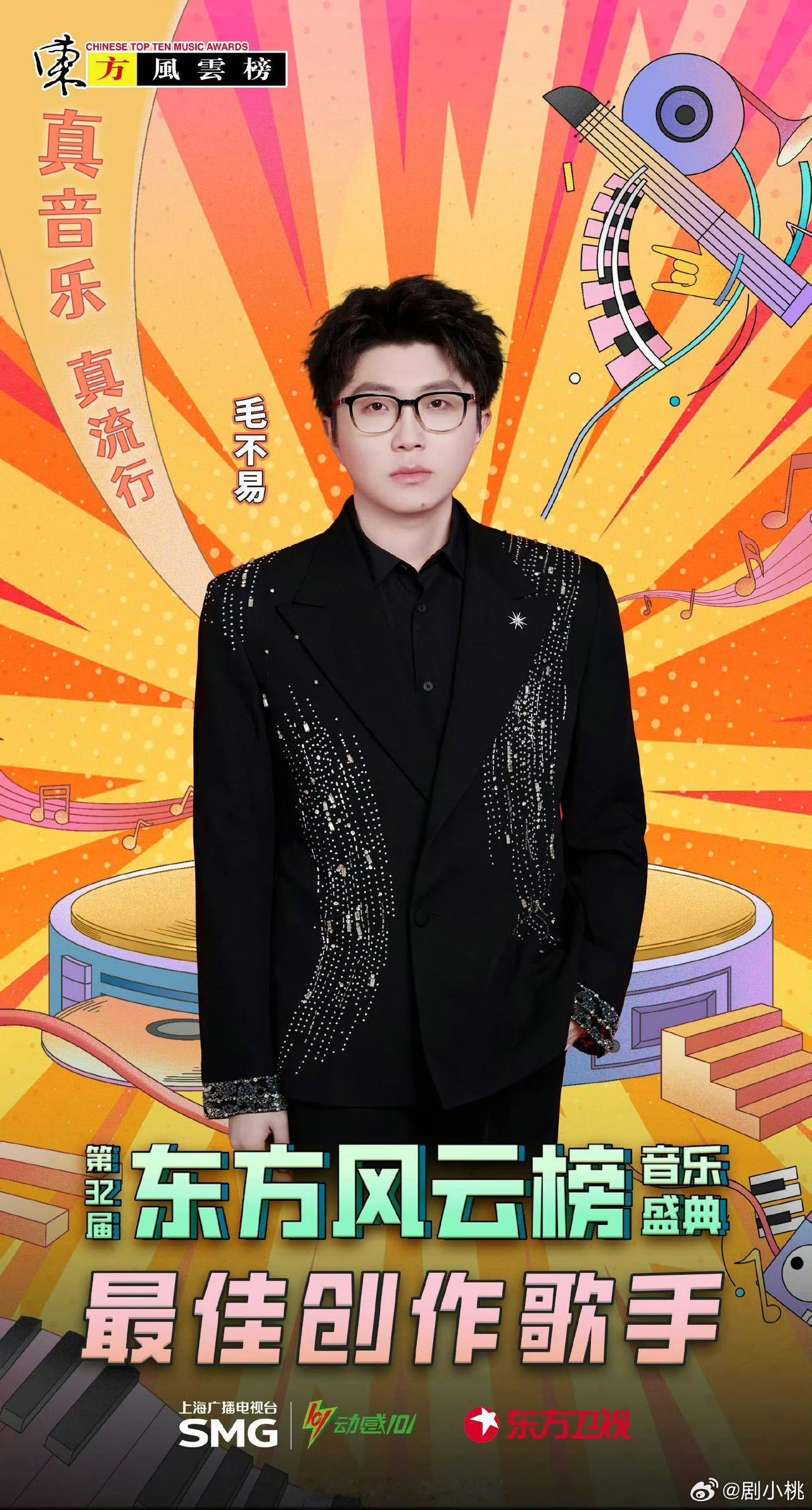 毛不易蝉联三次最佳创作歌手毛不易在第32届《东方风云榜》音乐盛典上再度折桂，第