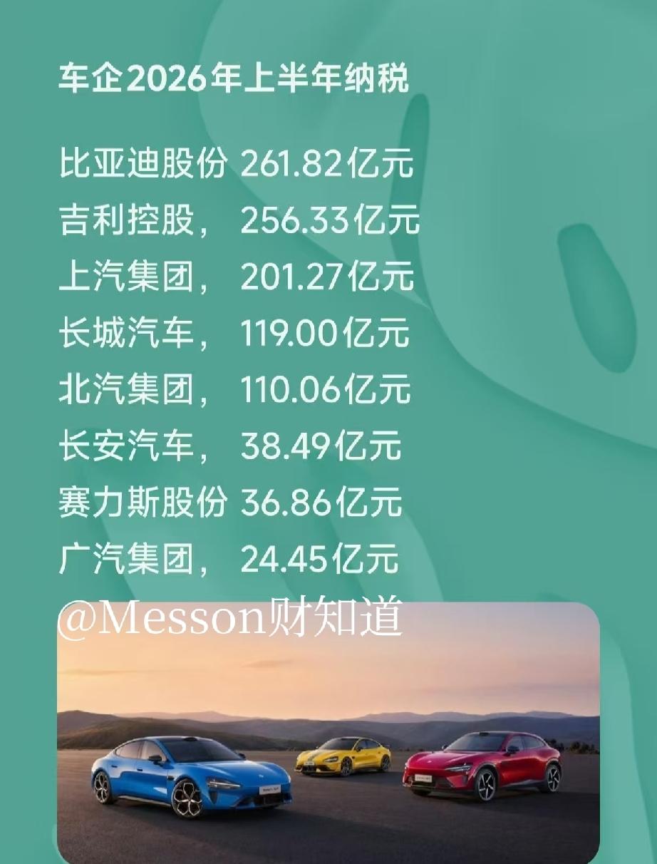 比亚迪上半年纳税261.82亿元，上汽集团上半年纳税201.27亿元，吉利控股上