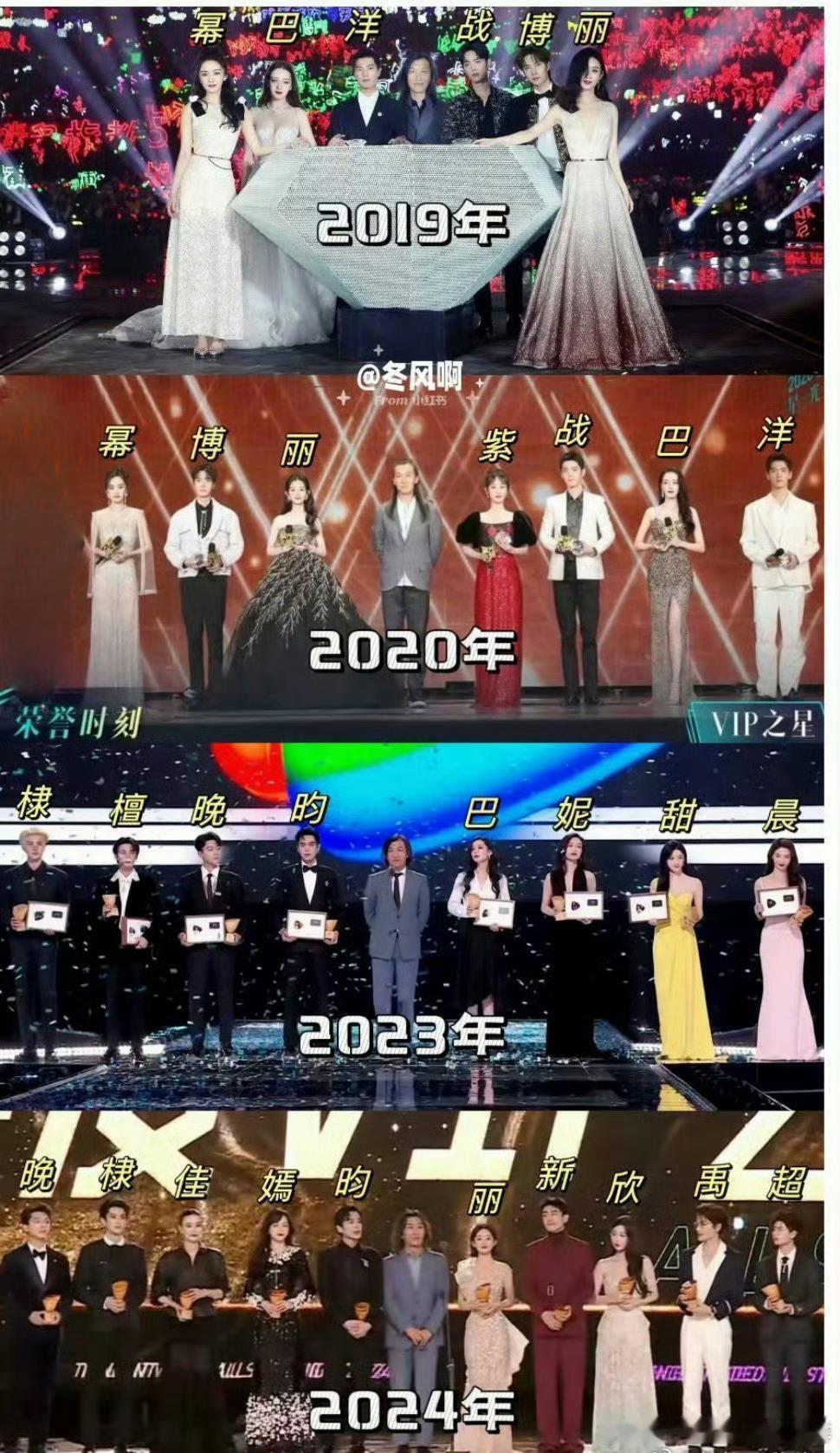 历年的星光大赏vip之星从早期的单人荣誉到后来的阵容扩容，VIP之星的评选始终