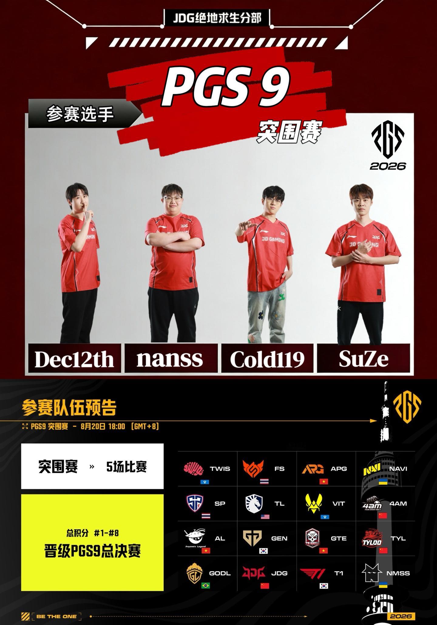 【JDG绝地求生分部丨赛事预告】赛事信息：PGSPGS·9突围赛赛事时间：