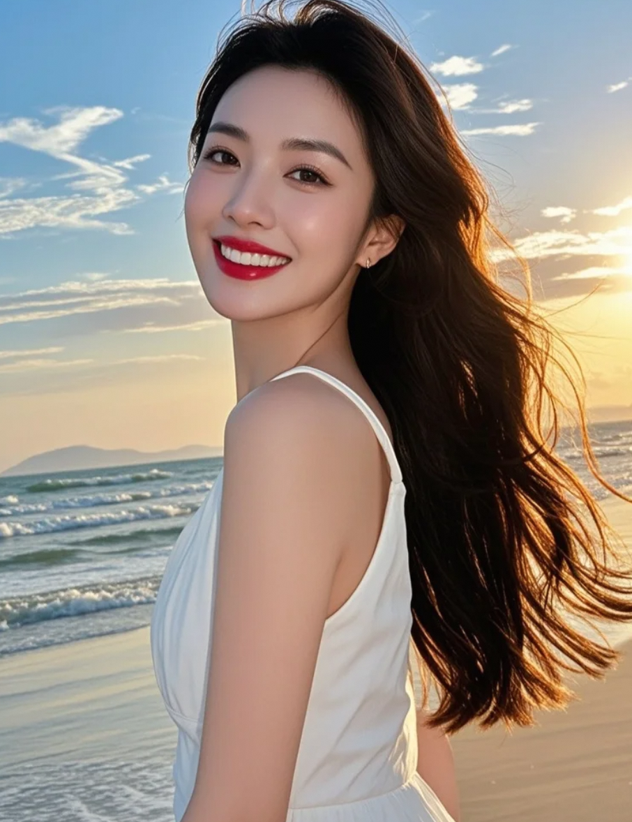 夕阳是背景，沙滩是舞台，她只是静默的舞者
