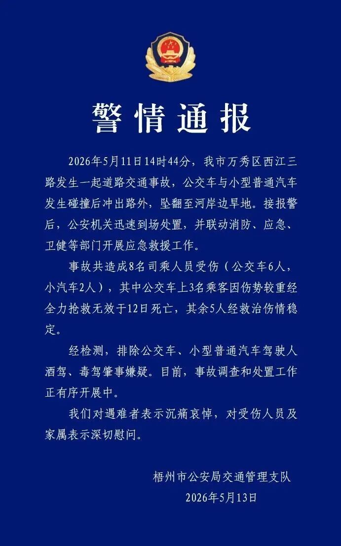 梧州公交车坠桥致3死5伤5月11日14时44分，梧州市万秀区西江三路公交车与小型