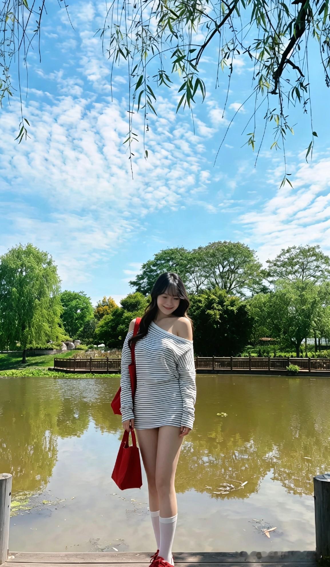湖畔心语澄澈蓝天浮着绵密蓬松的云絮。垂落的柳丝随风轻晃，拂过明净的天