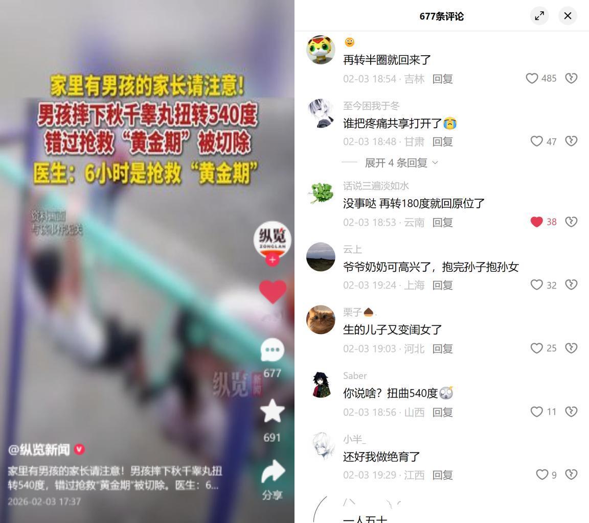 睾丸扭转被切除，留言里却在玩梗西安一个男孩摔秋千致睾丸扭转540度，错过