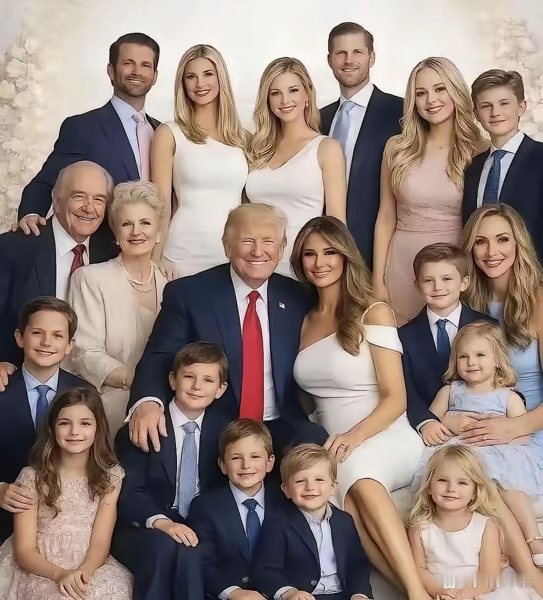 特朗普一家合照真的太惊人了，竟然肤色一模一样，就连儿媳妇都一样，只有他的现任妻子