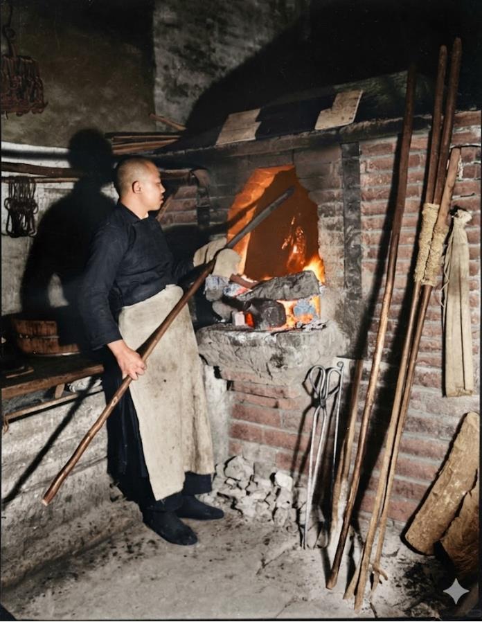 民国烤鸭作坊里，砖墙被常年烟火熏得发黑，地面散落着煤灰和工具，一旁的铁钳、挂钩、