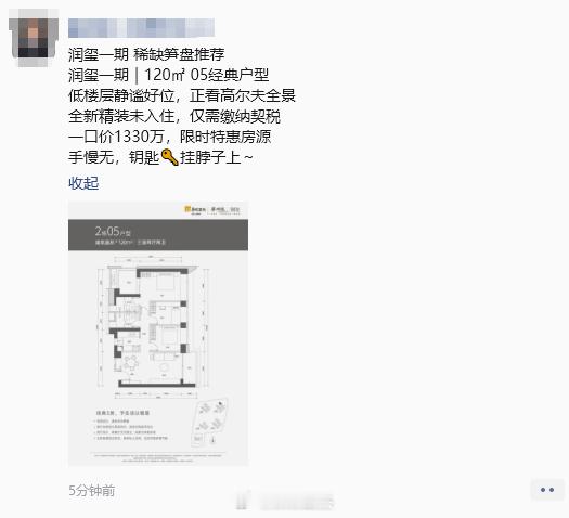 南山润玺一期120平05户型1330万，单价11万。不出意外的话，房子活不过明