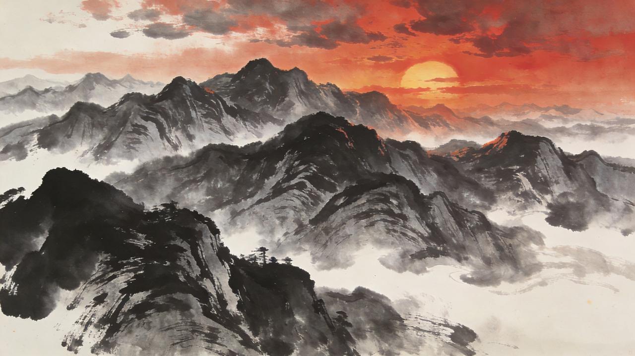 以“苍山如海残阳如血”为题，画一幅水墨国画