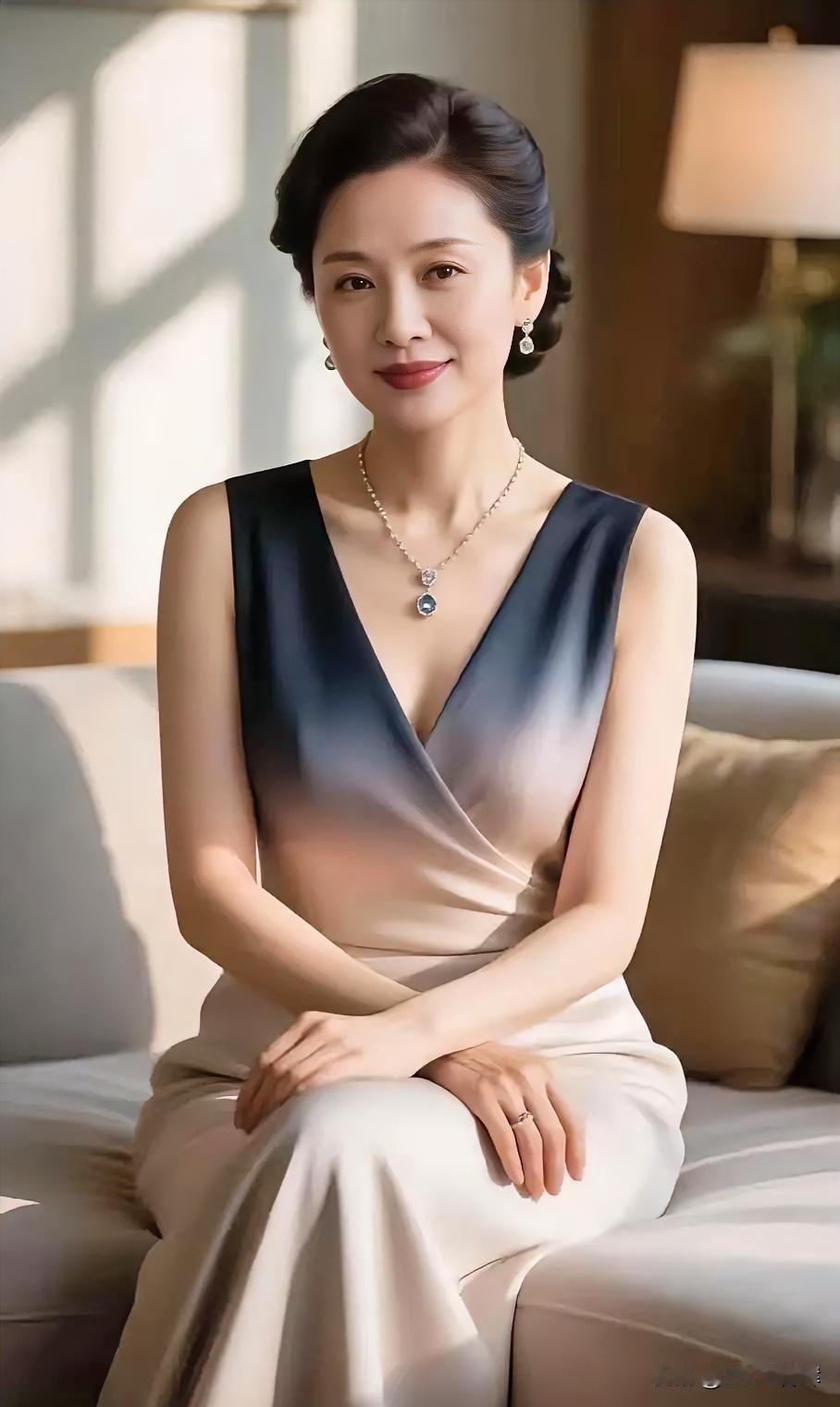 暖光漫过窗棂，晕开一室温柔。渐变裙裾载着岁月沉淀，珍珠项链缀着优雅风骨。眉眼