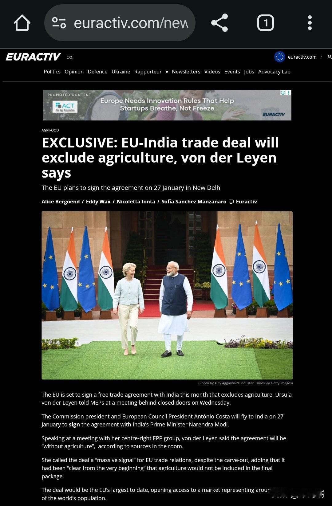 重大新闻：欧盟将于2026年1月27日与“死气沉沉的经济体”印度签署