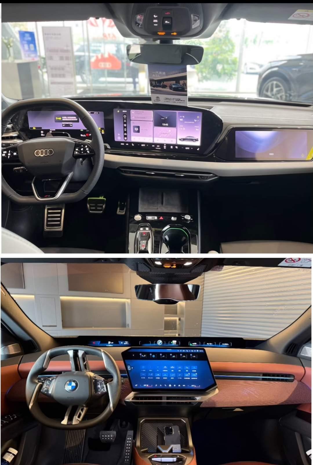 奥迪全新内饰PK宝马全新内饰。BMW的大屏变是斜的，如果放到奥迪上就是中间一
