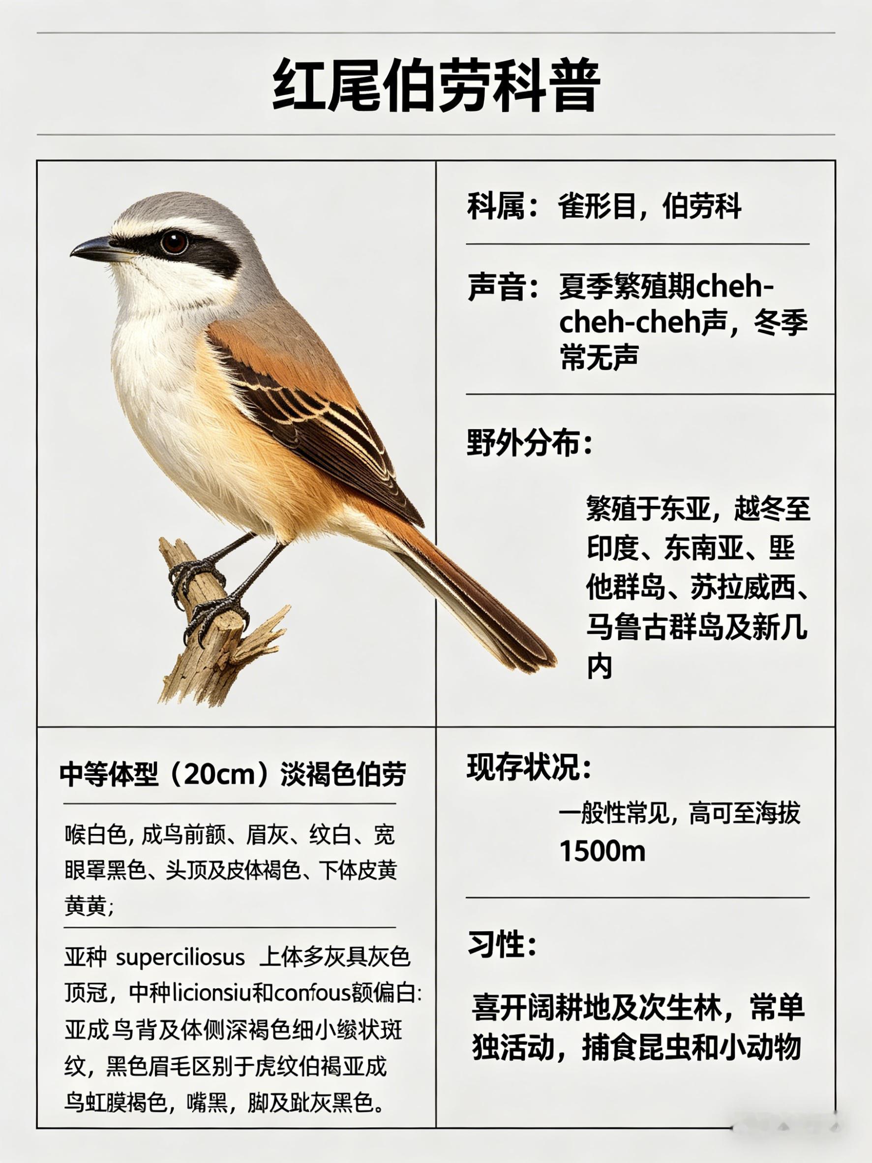 鸟类朋友图鉴红尾伯劳·科属：雀形目，伯劳科。·外形特征：中等体型（20cm）的
