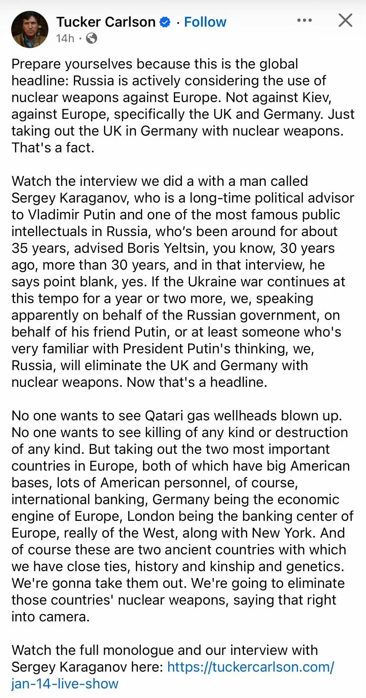 如果普京被暗杀，欧洲将从地图上消失？1月16日，美国媒体人塔克·卡尔森对普京