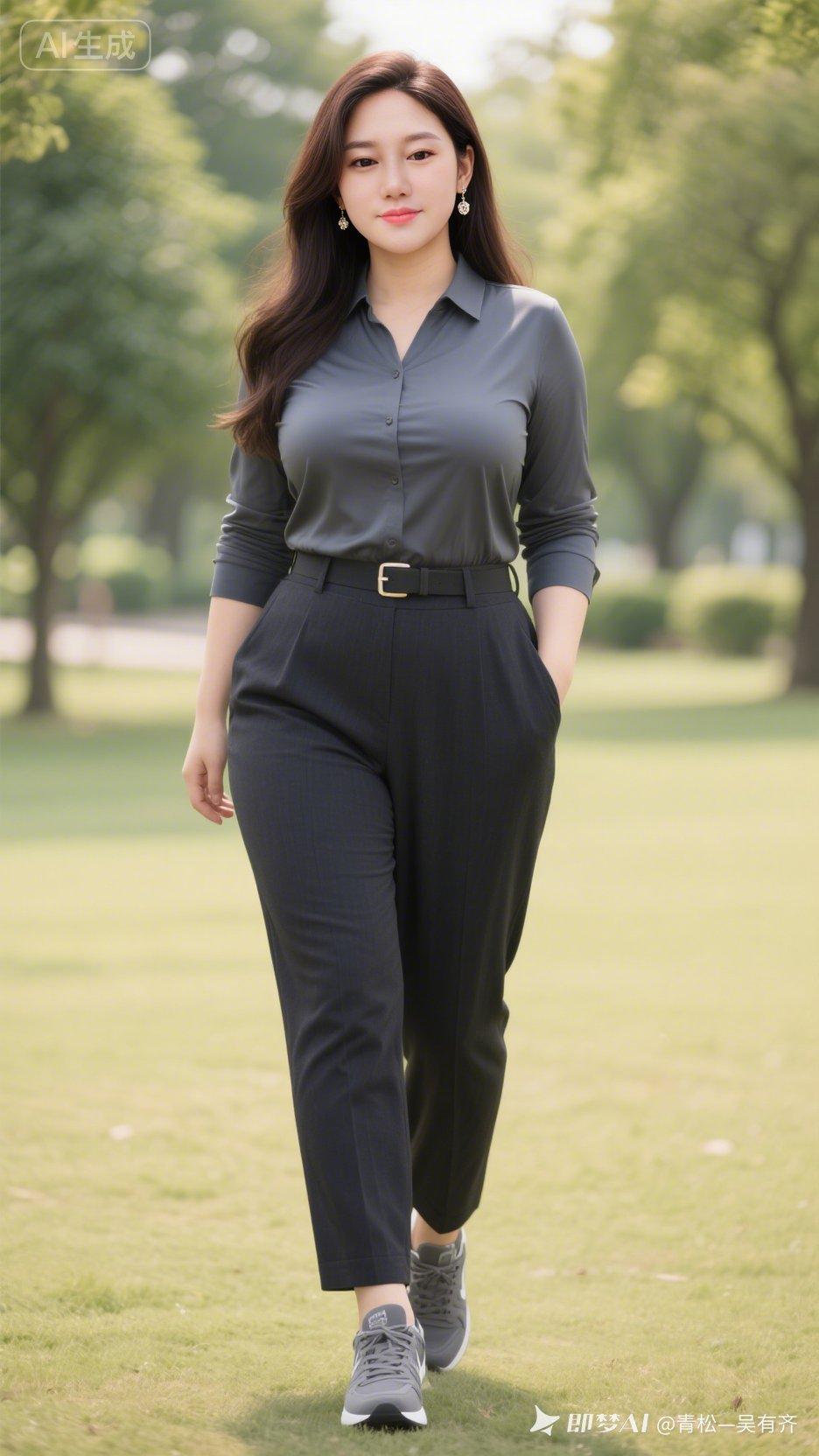 这姑娘在公园里走路真有气质。