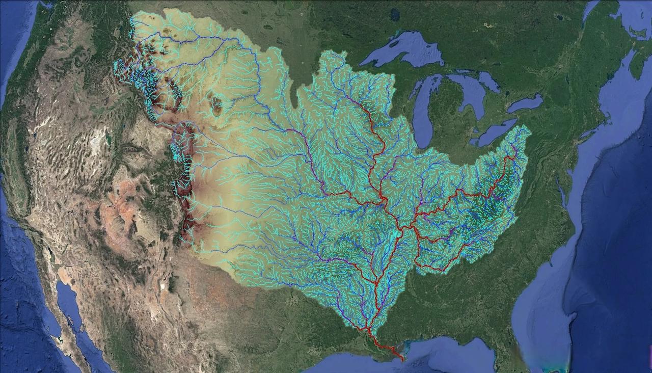 密西西比河下游这是啥情况，离入海口好远的地方就只剩一条干流了，整个流域图形似一片