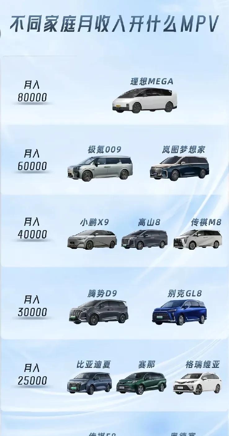 不同家庭月收入开什么MPV：1.月入80000—理想MEGA2.月入6000
