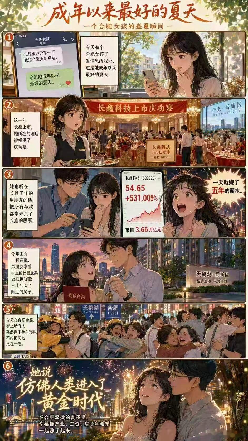 今天有个合肥女孩子发信息给我说这是她成年以来最好的夏天这一年长鑫上市，她所在的酒