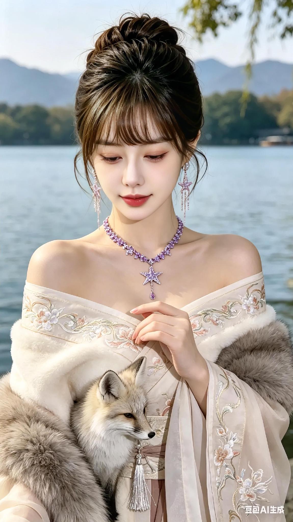 湖畔美人抚狐，星月相伴。湖边汉服美人湖畔美人照湖畔丽人照湖芦美人