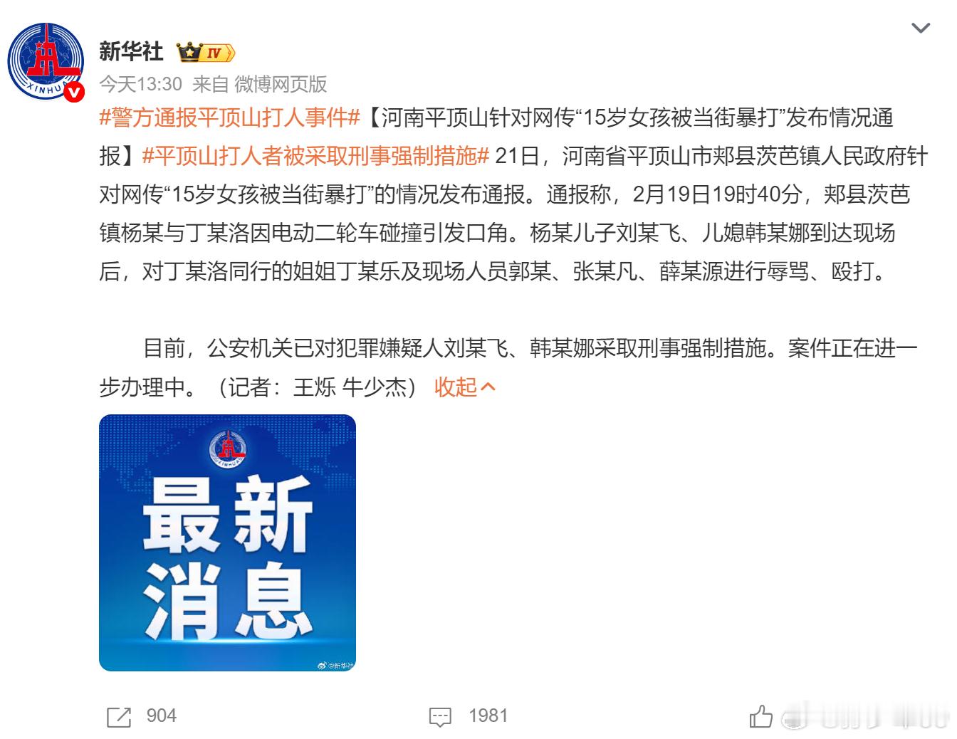 平顶山这事通报了，是赵某儿子刘某飞、儿媳韩某娜到达现场后，对丁某洛同行的姐姐丁某
