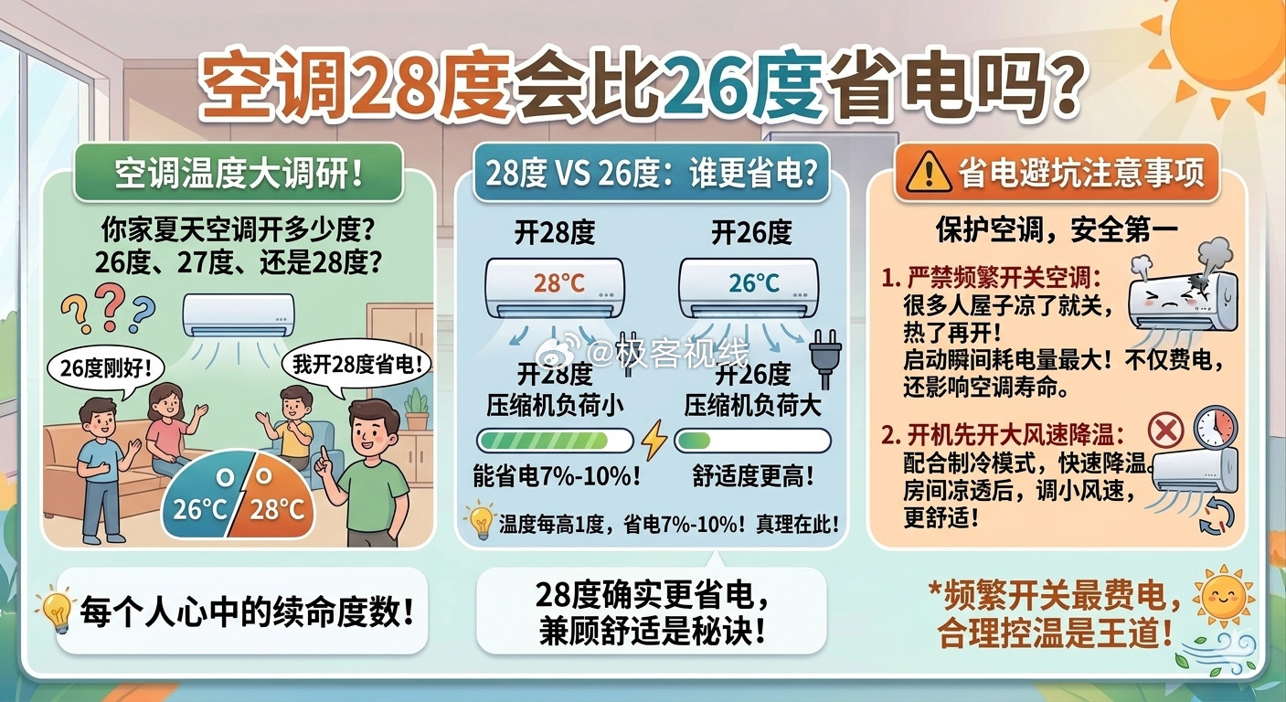 空调28度会比26度省电吗夏天命都是空调给的！很多人为了省电，硬着头皮把温度调到