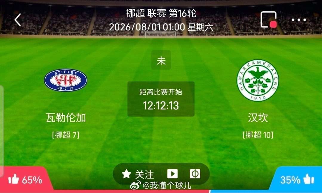 【足球】周五001挪超联赛方向：瓦勒伦加vs汉坎挪超：瓦勒伦加VS汉坎时间：20