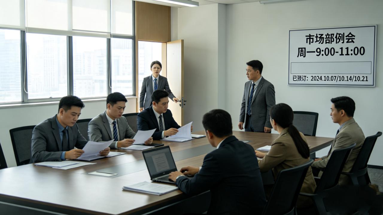 公司只有一间大会议室，谁先占谁用。市场部每周一上午雷打不动开例会，提前三天就预