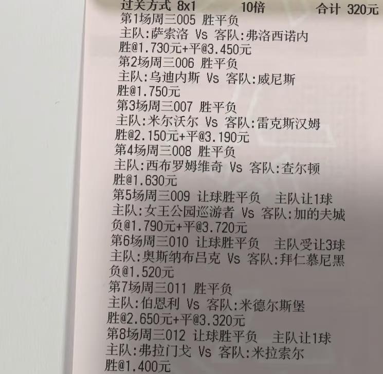 320元的彩票，要过8关，而且有好几场比赛是单选，这位大哥的彩票想中奖，难度是不