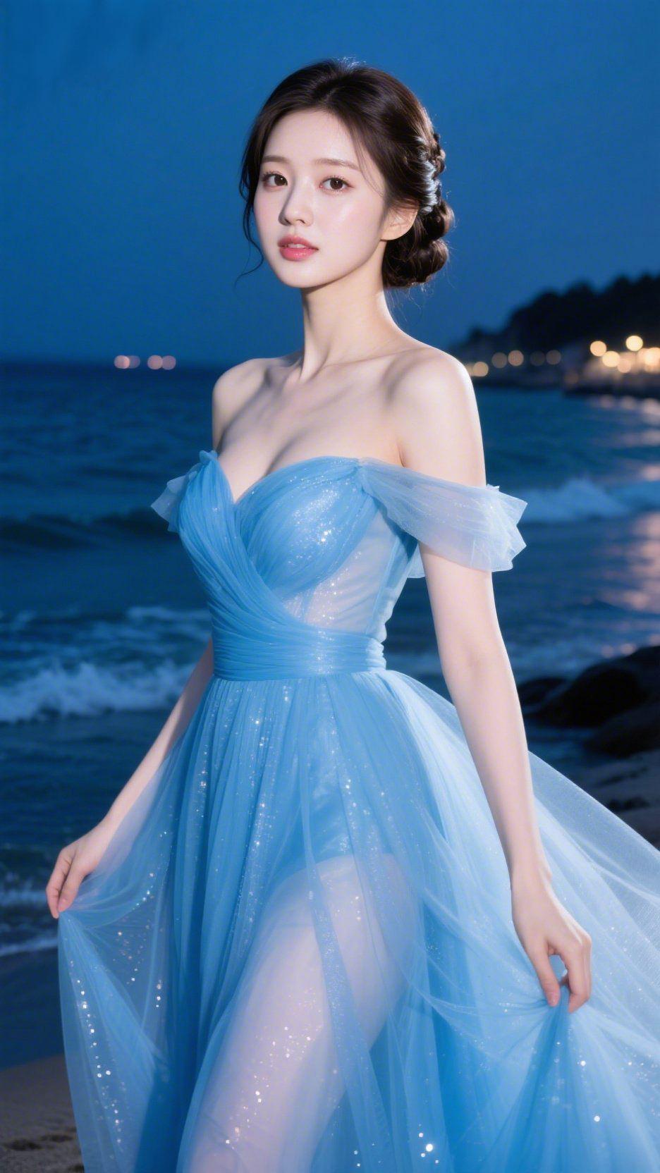 晚风拥蓝裙暮色漫过海平线，一袭冰蓝纱裙揉进了夜的温柔。细碎的星光缀在裙摆，