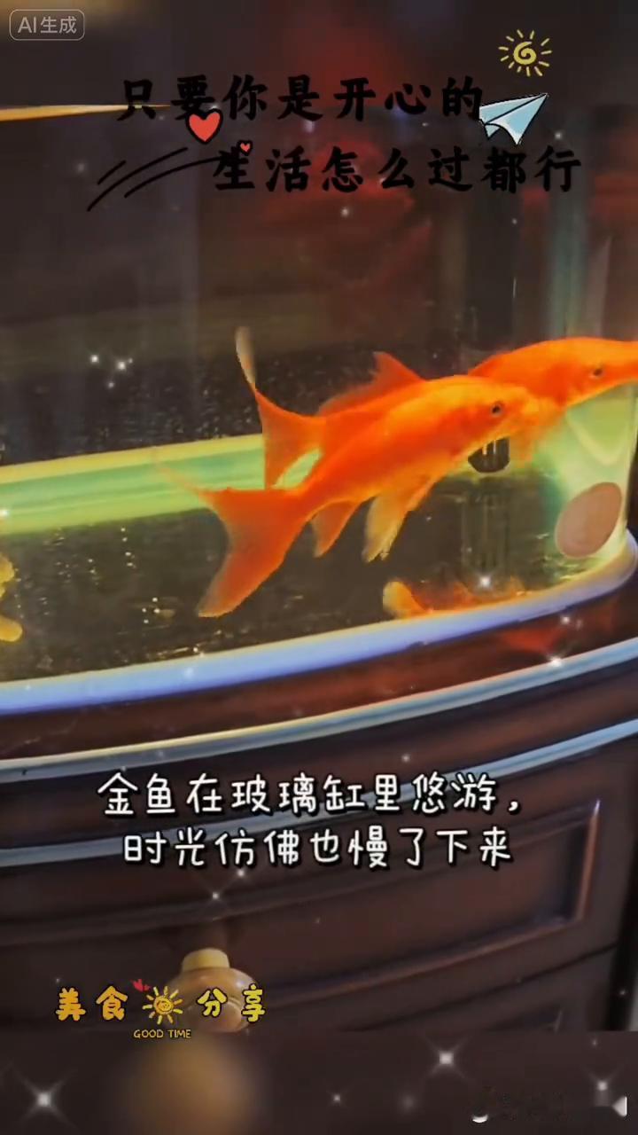 只要你是开心的，生活怎么过都行。金鱼在玻璃缸里悠游，时光仿佛也慢了下来。木桌上的