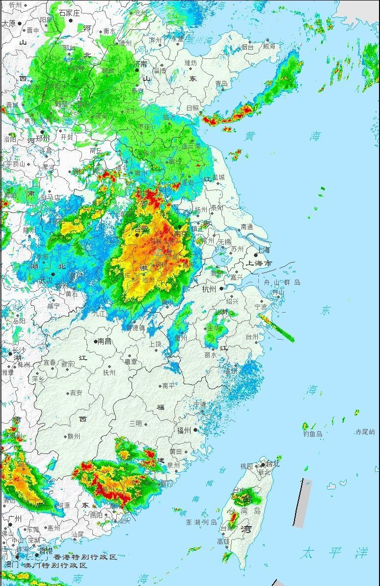 今天午后华东地区的强对流遍地开花，安徽、江西以及江浙沪三省均出现了大范围雷暴大风