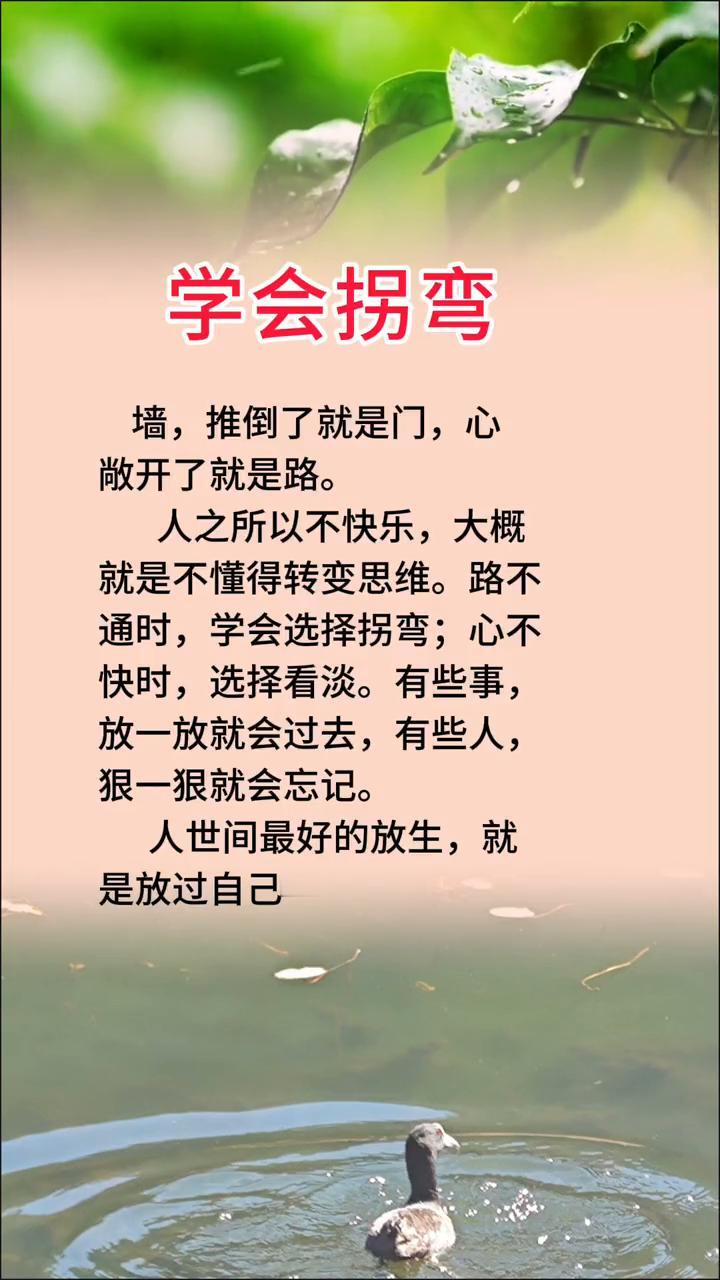 学会拐弯。墙推倒了就是门，心敞开了就是路。人之所以不快乐，大概就是不懂得转变思