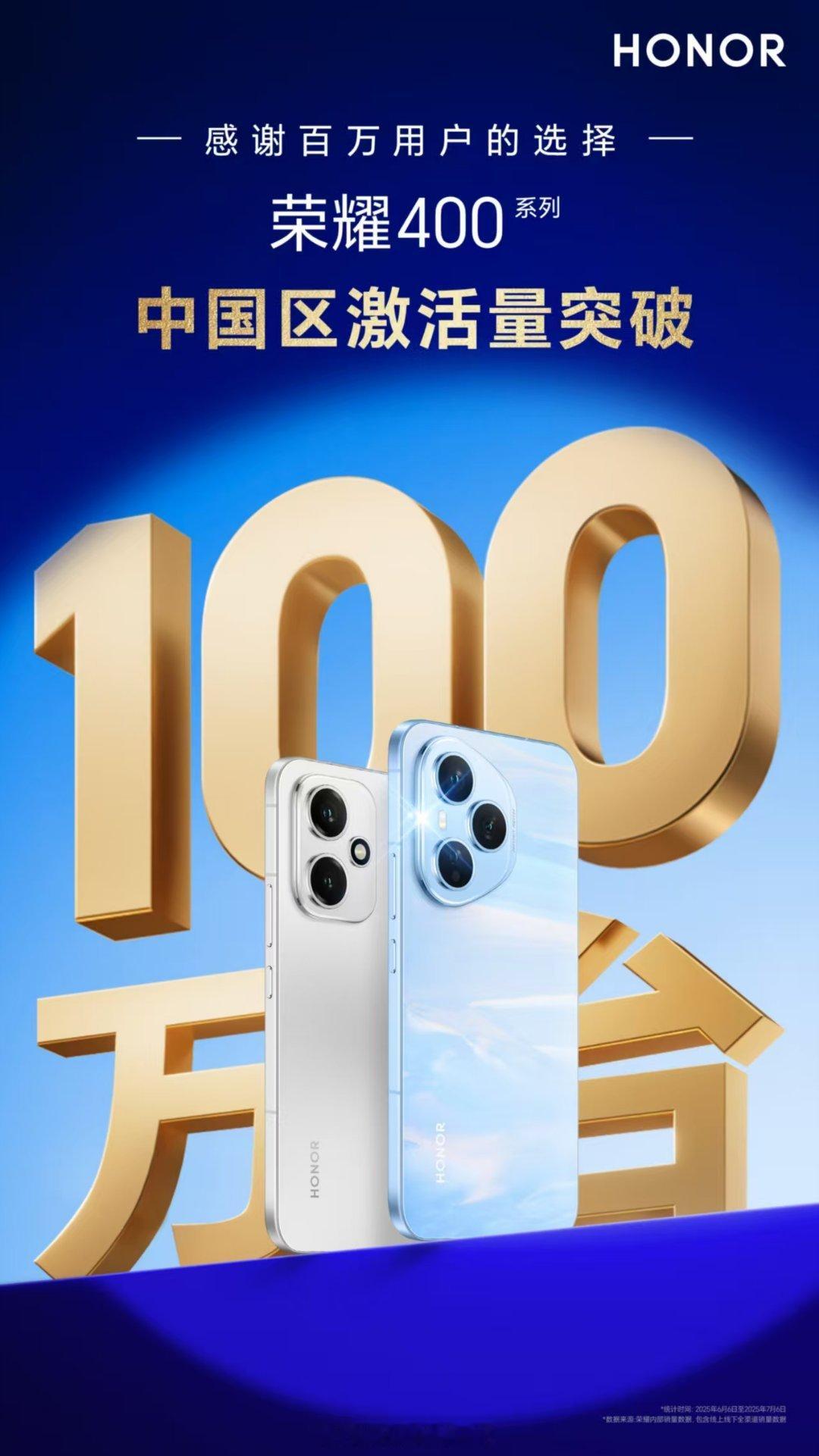 荣耀400系列今年真就爆款了，仅中国区就已经激活100万台了，势头不错！​​​