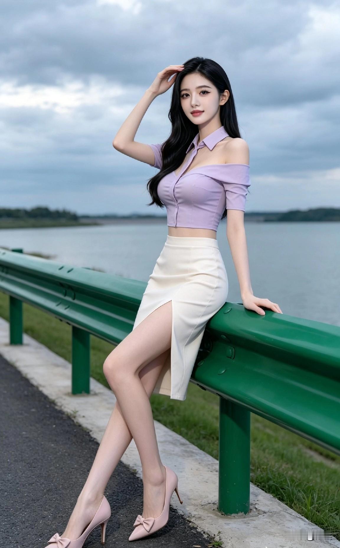淡紫露肩上衣搭配开叉半裙，简约穿搭衬出温柔身段，好看穿搭自带动人氛围感