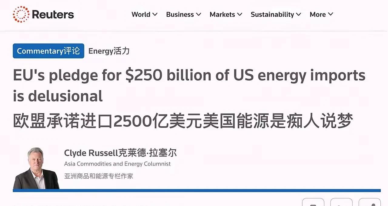 路透社说：“欧盟承诺在三年内每年进口价值2500亿美元的大美丽能源是痴人说梦