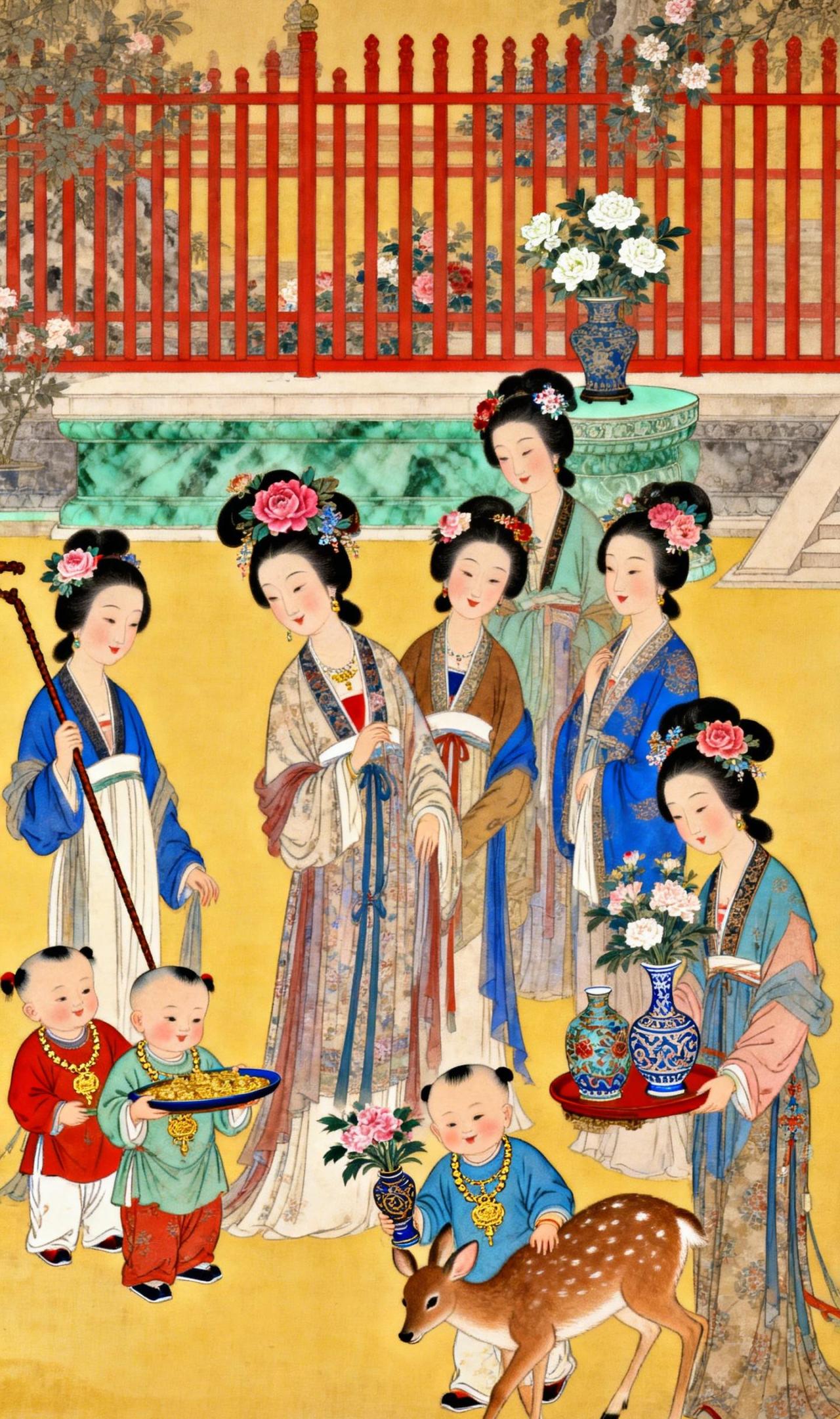 明宫岁朝图：一场跨越六百年的团圆雅集宫墙朱红，春联映日，一座明代的宫廷庭院被新