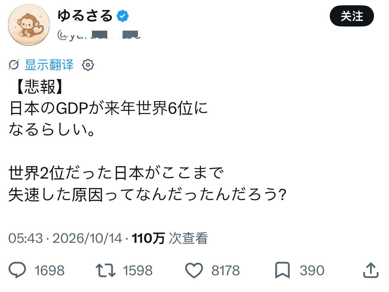 一位日本博主发了个“悲报”，按照预测，明年日本GDP的全球排名，会掉到第6位。博
