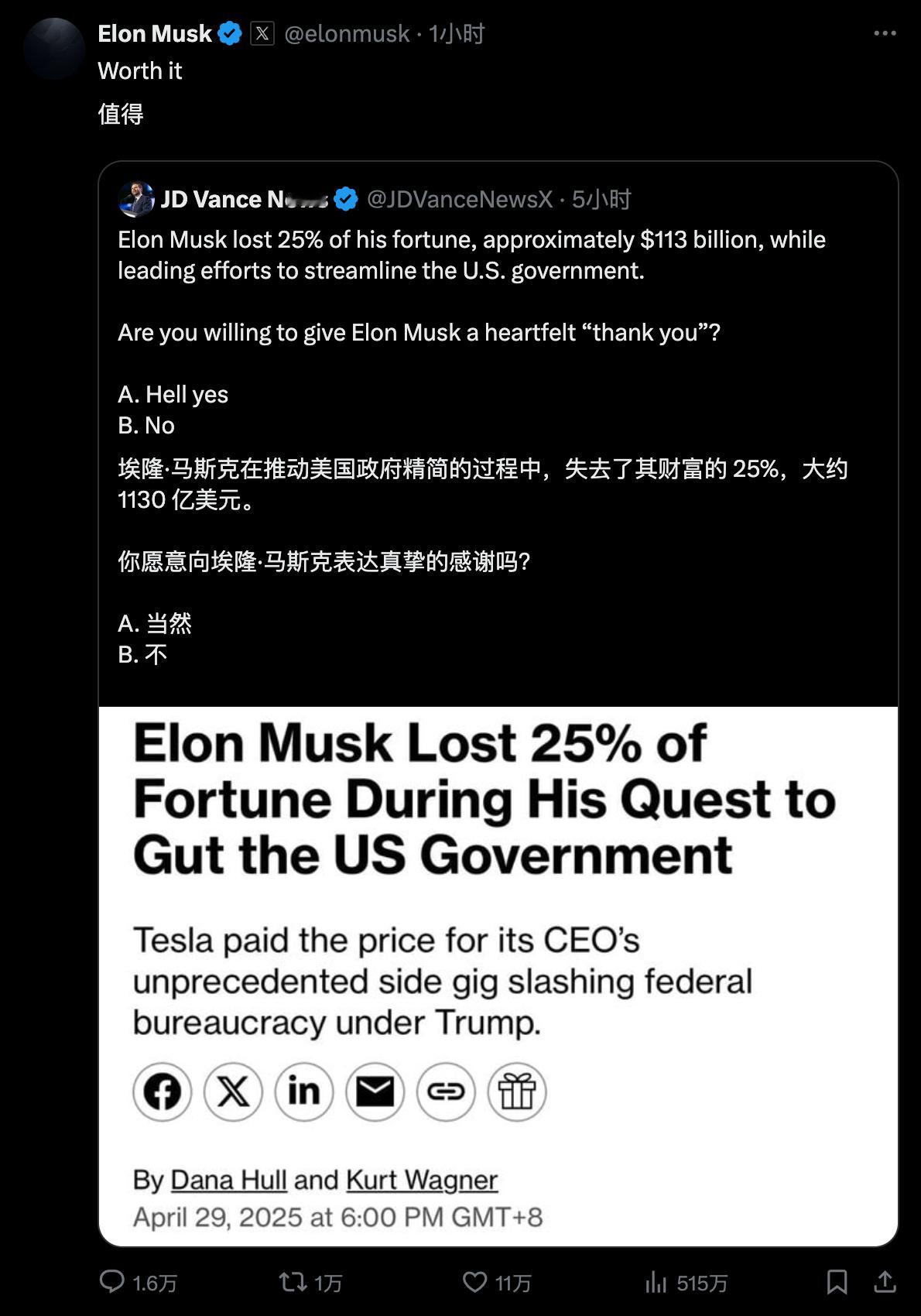 马斯克在DOGE的工作，让他失去了至少25%的财富马斯克：值得​​​