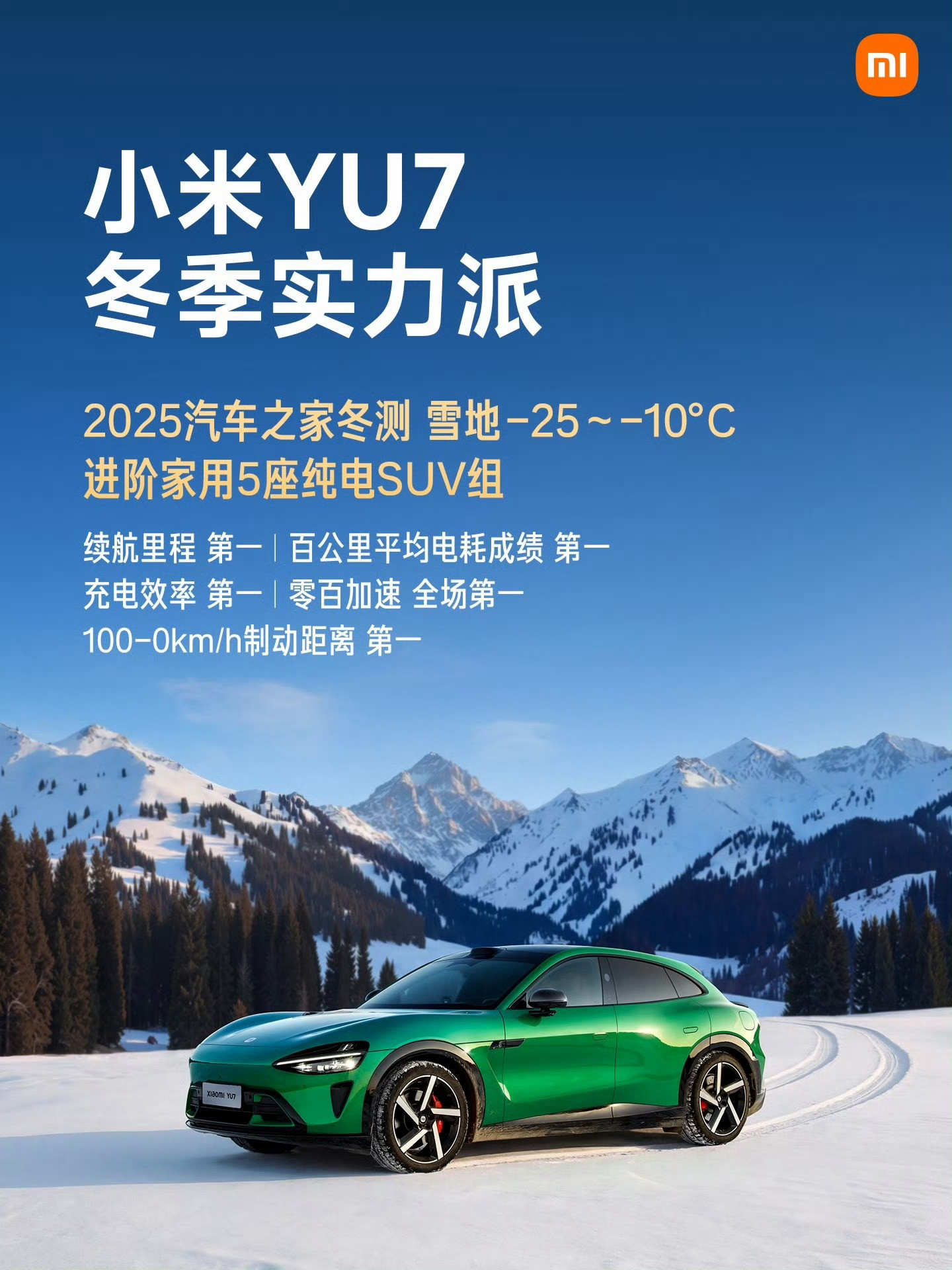 小米YU7冬季实测五项第一进阶家用5座纯电SUV小米YU7五项第一：续航里程、百