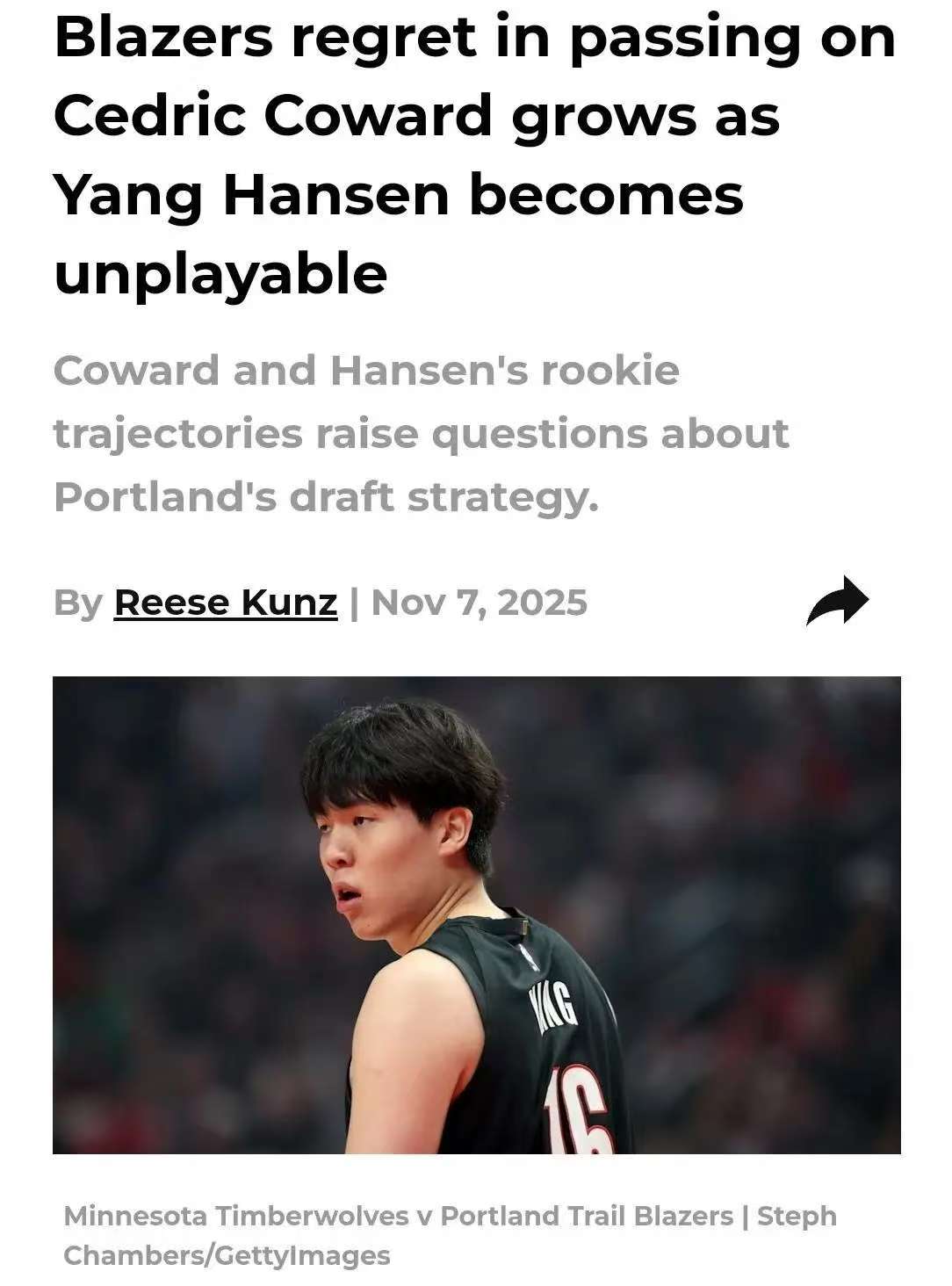 作为新秀球员，杨瀚森在开拓者队的菜鸟赛季过得并不顺畅，目前场均只有2.6分1.8