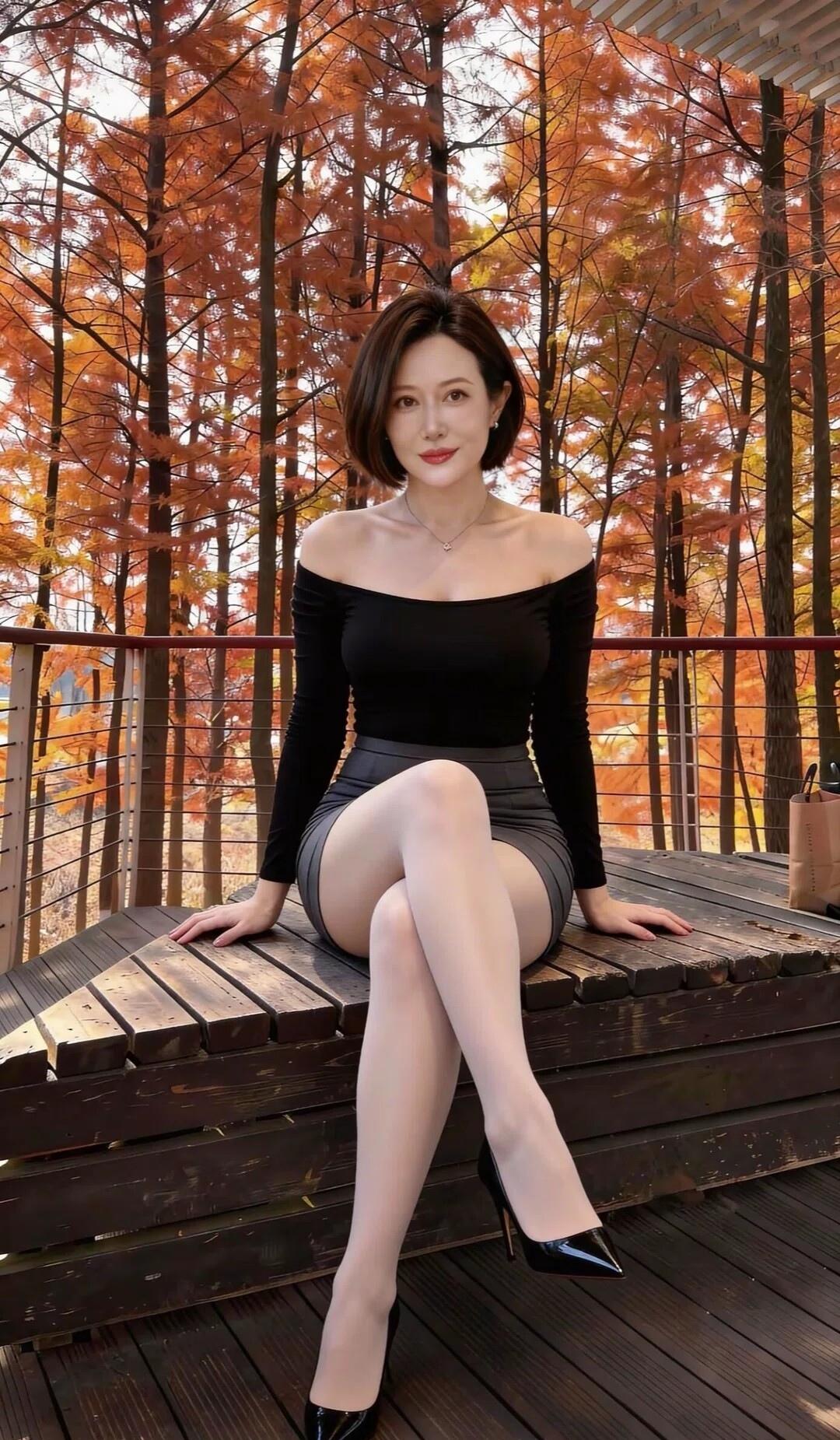 秋日暖阳下的优雅穿搭，红叶与黑裙的完美搭配。