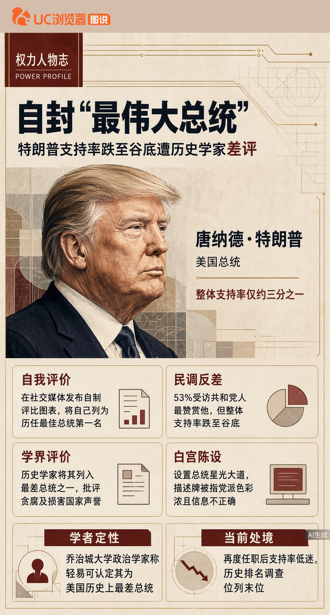 特朗普自制榜单封自己“最伟大总统”，可民调支持率已跌至谷底。历史学家把他排末位，连白宫星光大道的描述